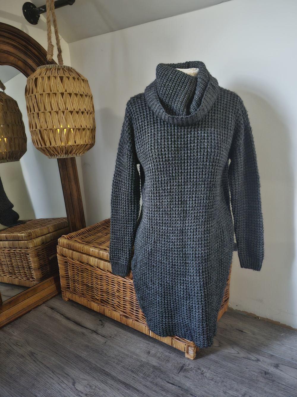Tristan Charcoal Gray Chunky Knit Turtleneck Sweater Dress
